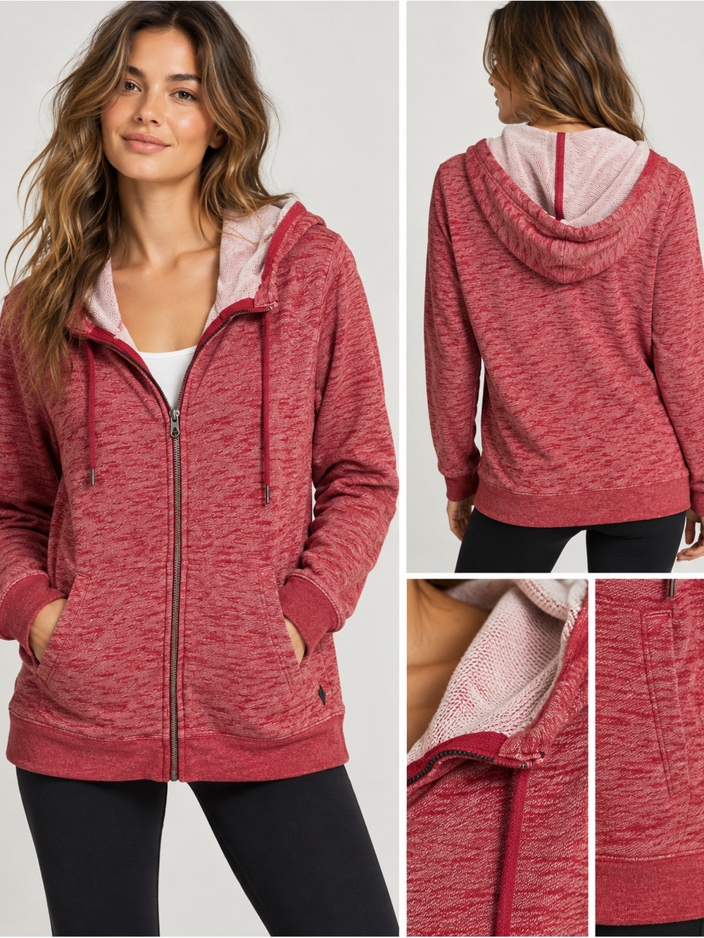 Volcom Zip front heathered raspberry red colorway Hoodie Large